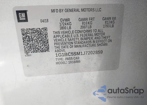 2018 Chevrolet Cruze Ls Auto z USA, uszkodzony, nr VIN 1G1BC5SM1J7202859